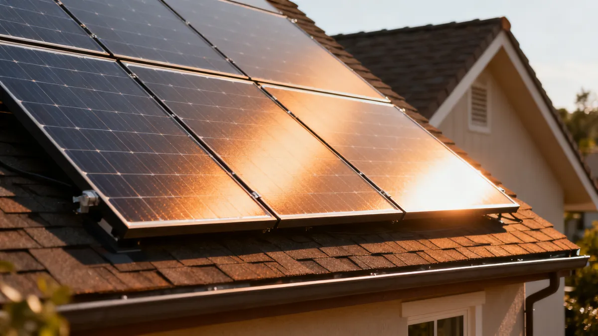 Rangées de panneaux solaires posées au-dessus de tuiles en terre cuite à Montauban, par temps clair