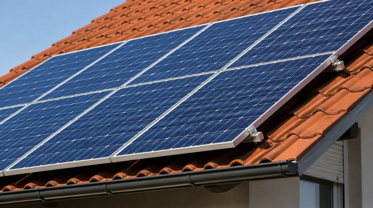 Panneau solaire maintenu par un rail aluminium au-dessus d’une couverture en tuiles grises, près de Montauban