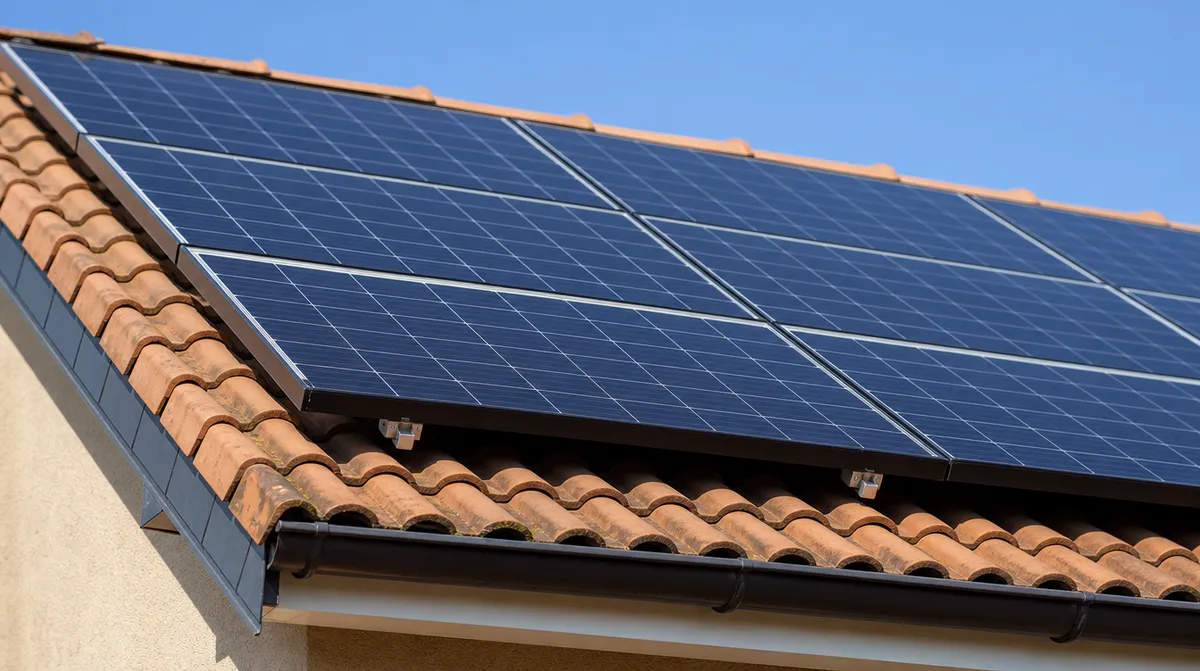 Rangée de panneaux solaires sombres sur le toit en tuiles d’une maison de Montauban